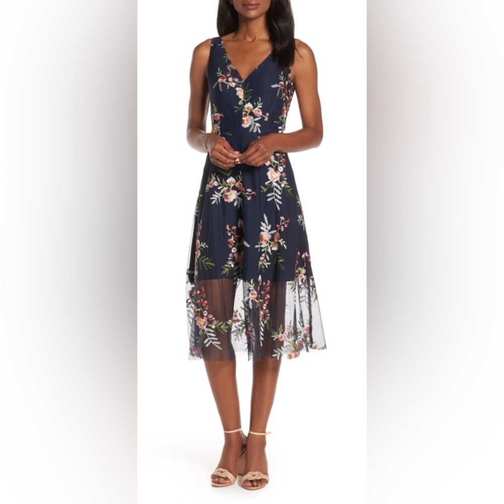 Vince Camuto Floral Embroidered Mesh Midi Dress, Navy/ multi, size 4